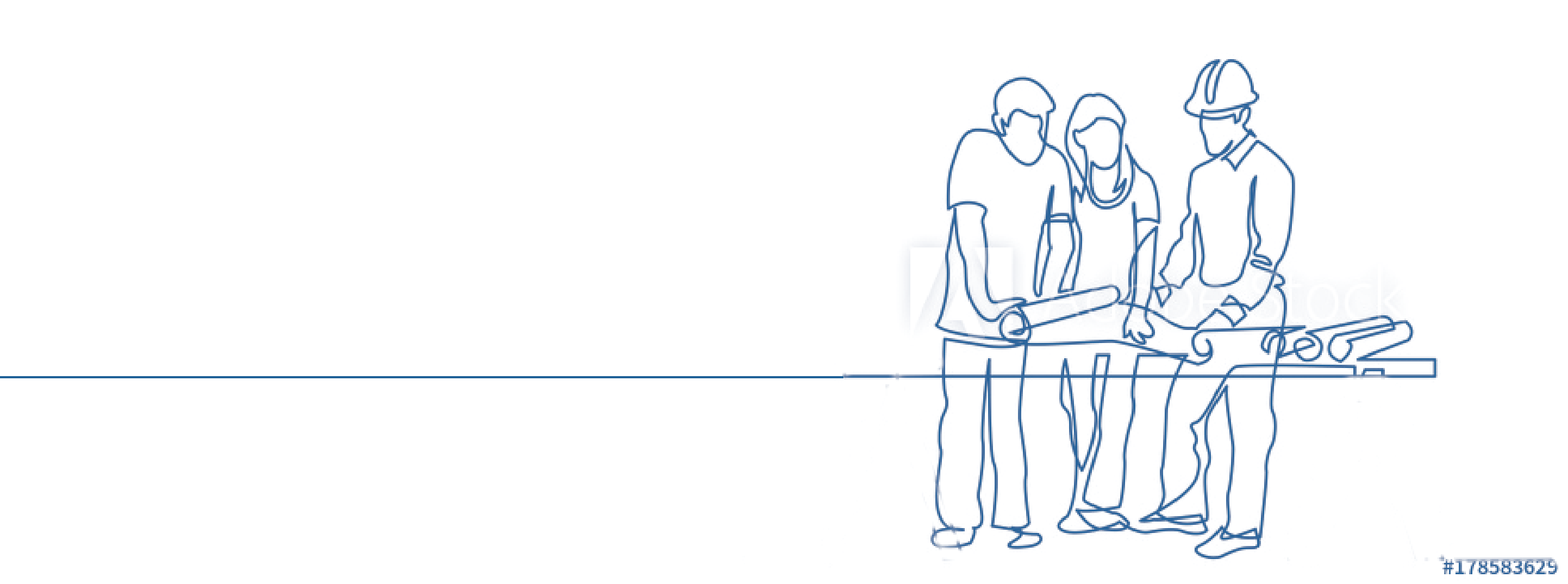 Line art illustration of an architect and two people reviewing blueprints.