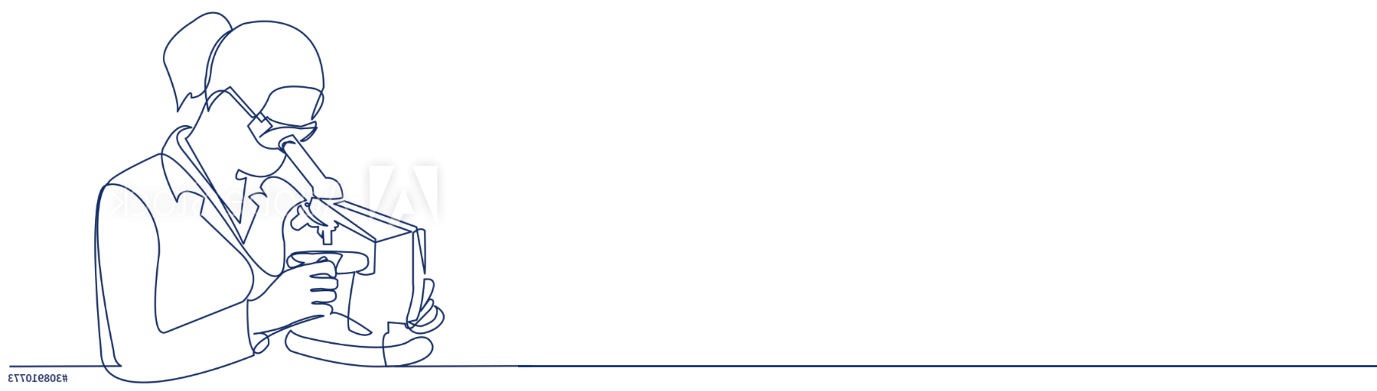 Line art illustration of a scientist looking through a microscope.